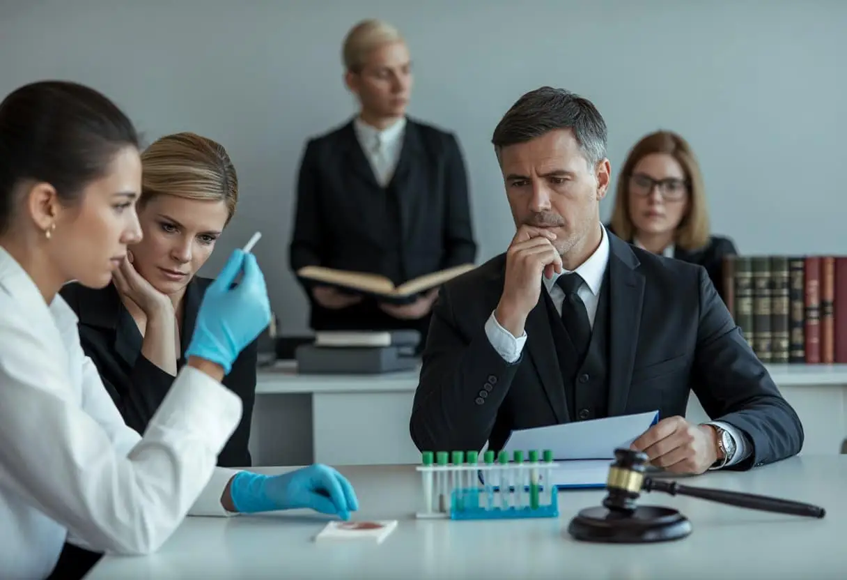 Een rechtbankscène met een rechter, een forensisch technicus die DNA-monsters voorbereidt en een bezorgde persoon die weigert mee te werken.