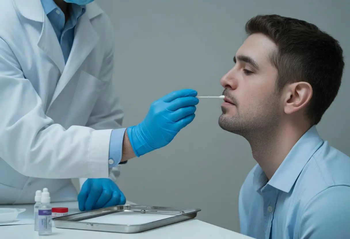Een professional neemt een DNA-monster af bij een persoon met een wattenstaafje in een schone, medische omgeving.
