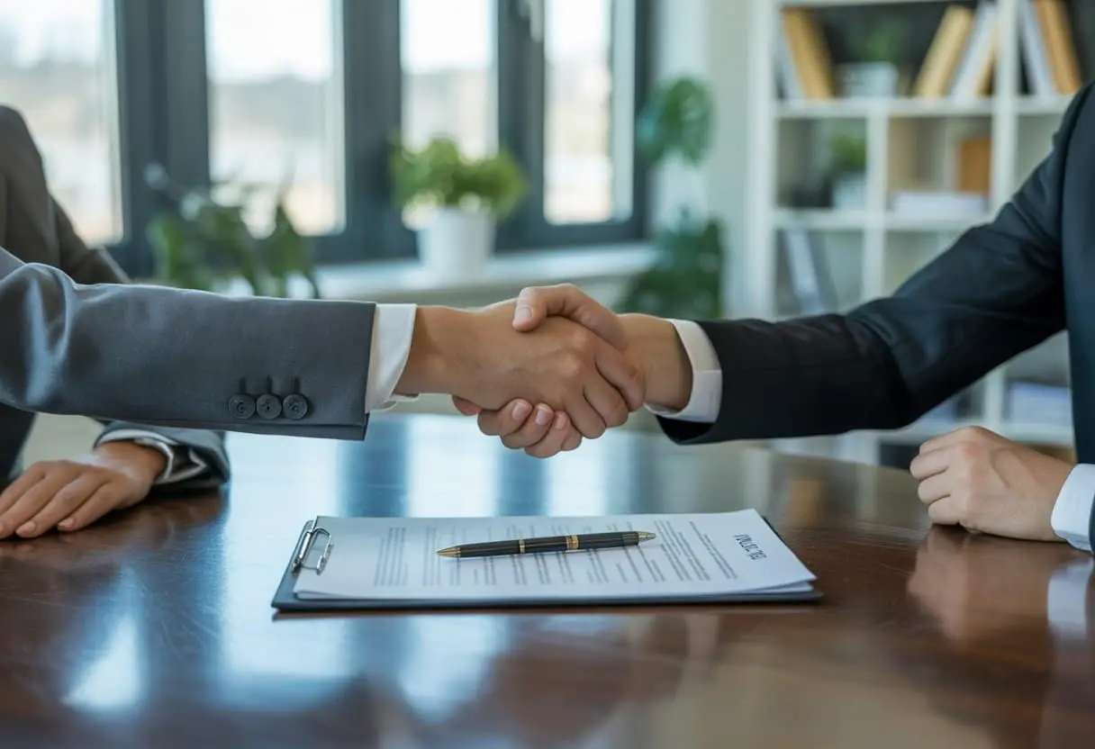 Twee mensen in een kantoor schudden handen over een tafel met een contract en pen erop.