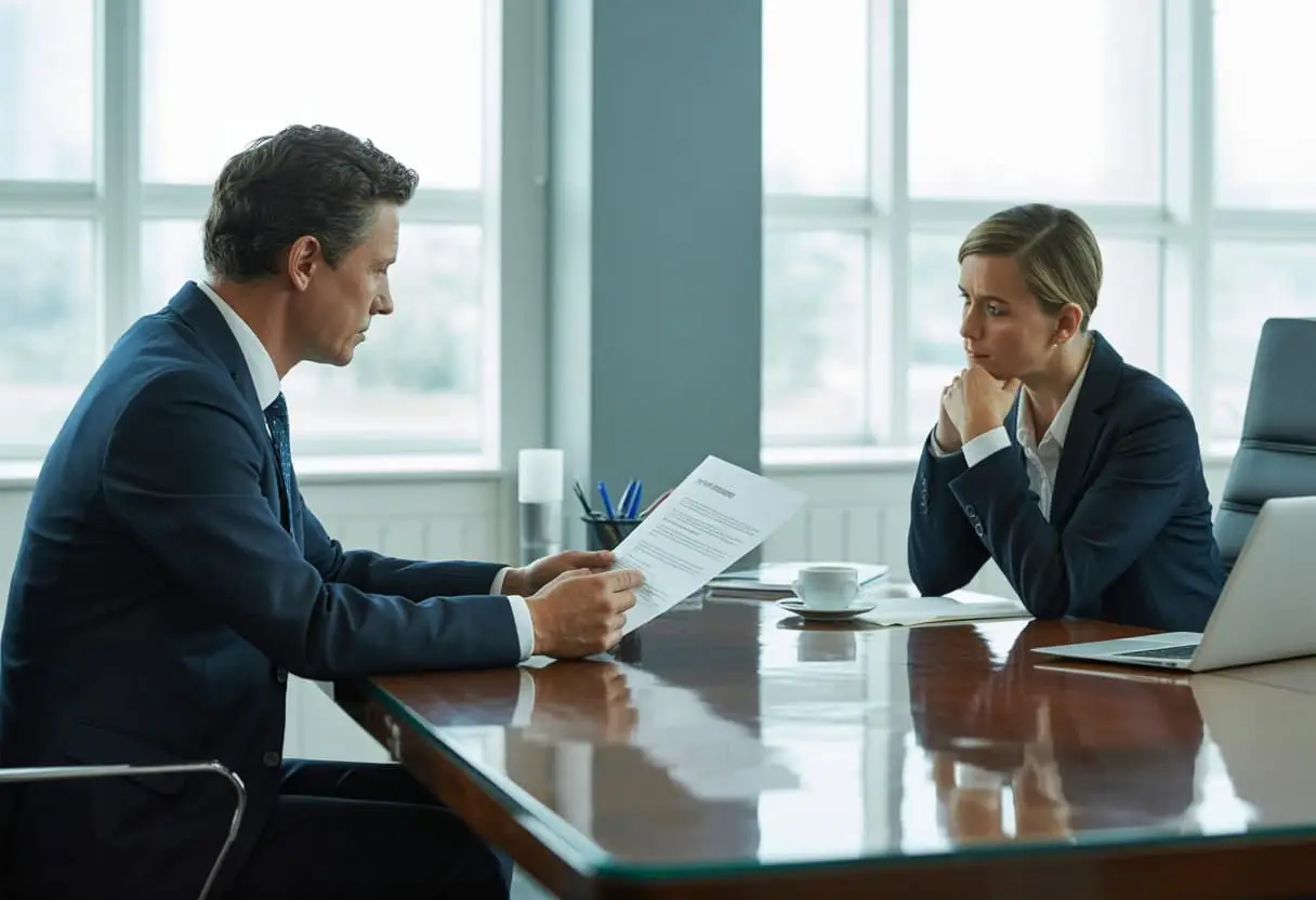 Een werkgever en werknemer in een kantoor tijdens een serieus gesprek over het beëindigen van een arbeidsovereenkomst.