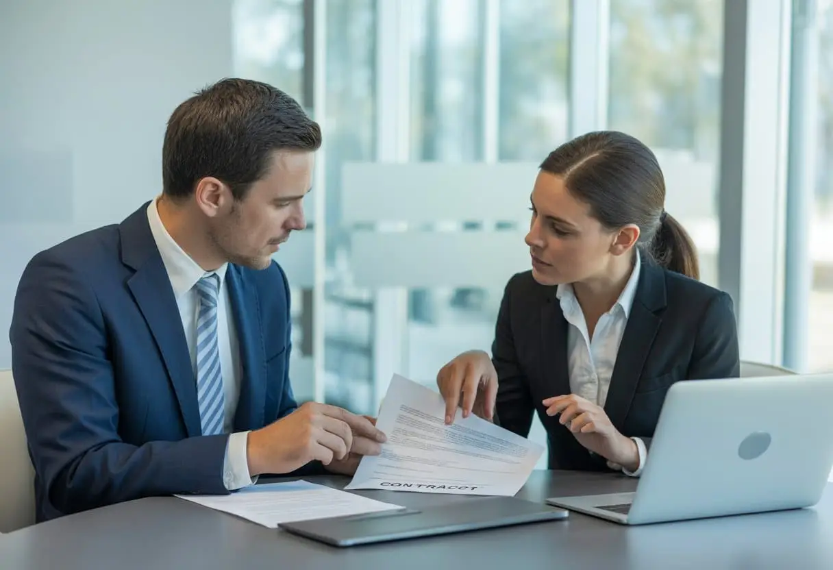 Twee zakelijke professionals bespreken een contract aan een bureau in een helder kantoor.