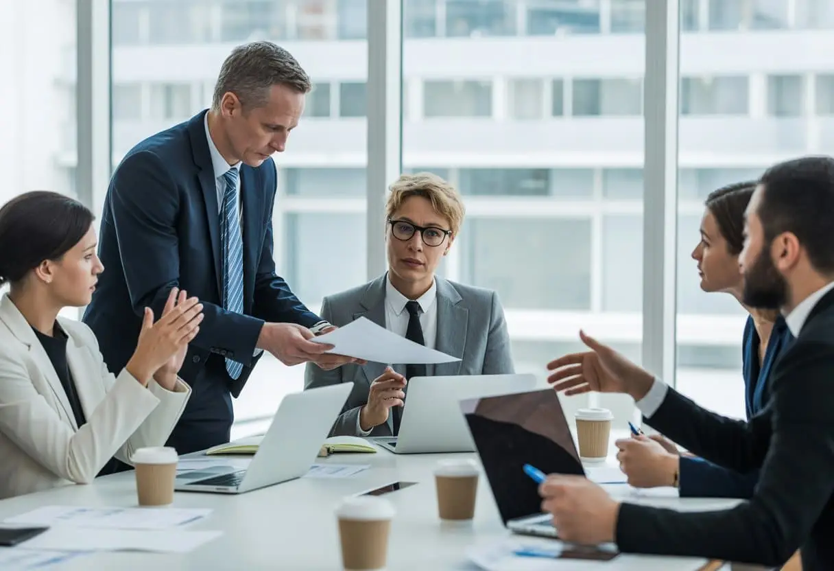 Een zakelijke bijeenkomst waarbij een manager een document aan een werknemer overhandigt in een modern kantoor.