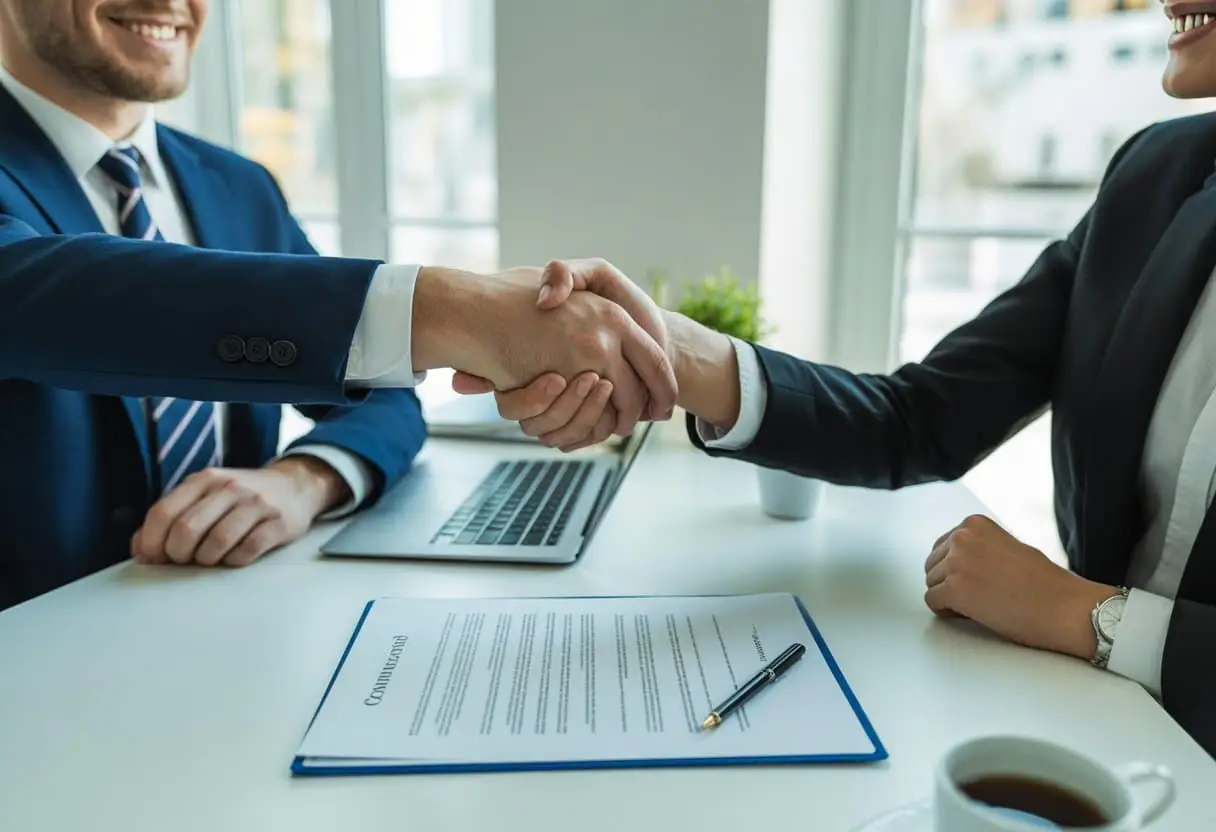Twee zakelijke professionals schudden elkaar de hand aan een bureau met een contract erop, in een helder kantoor.
