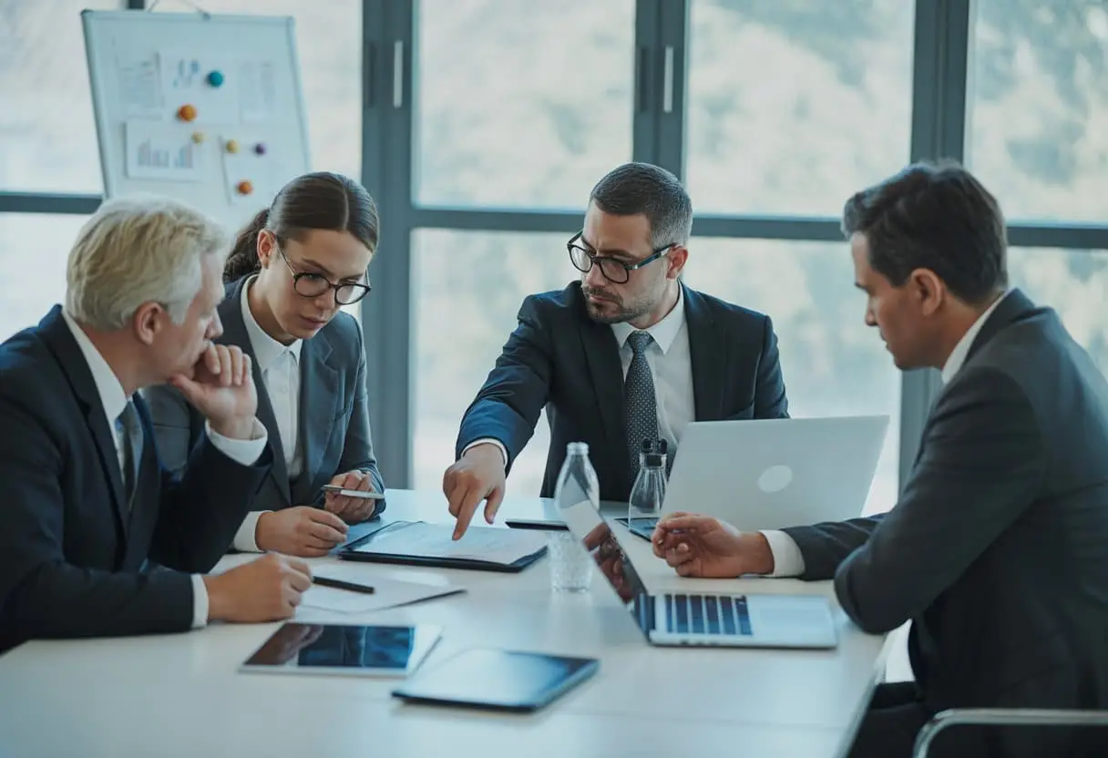 Een groep professionals bespreekt documenten aan een vergadertafel in een modern kantoor.