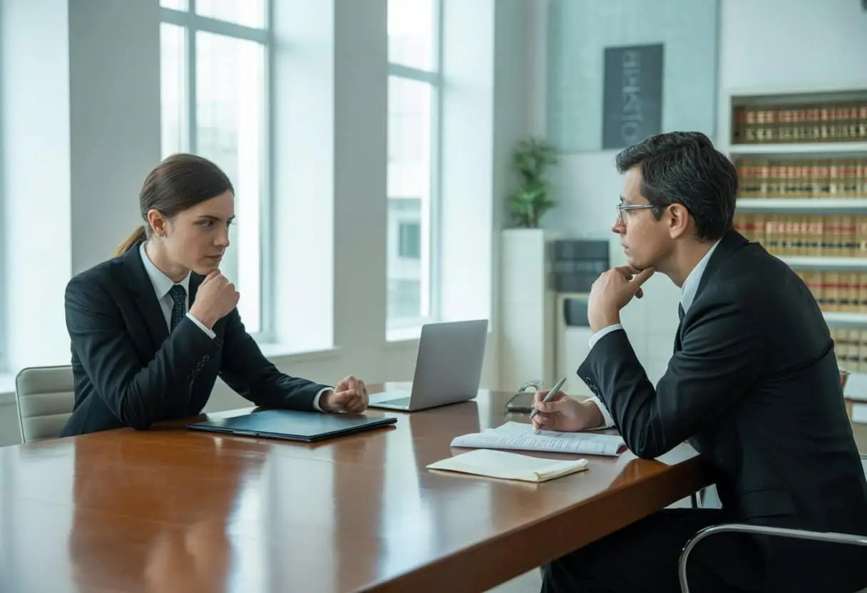 Twee zakelijke professionals bespreken documenten in een modern kantoor.