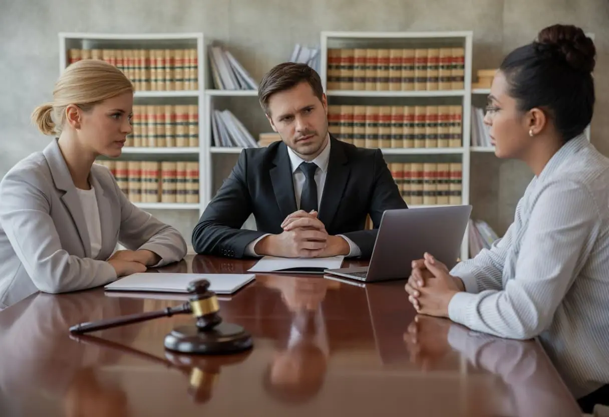 Drie mensen zitten aan een tafel in een kantoor, waarbij een advocaat een cliënt en een begeleider adviseert over juridische zaken.
