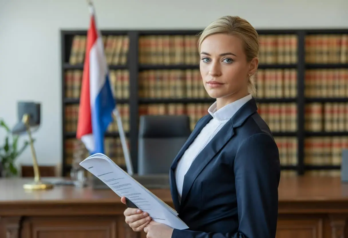 Een vrouwelijke advocaat in formele kleding staat in een rechtszaal met juridische boeken en een Nederlandse vlag op de achtergrond.