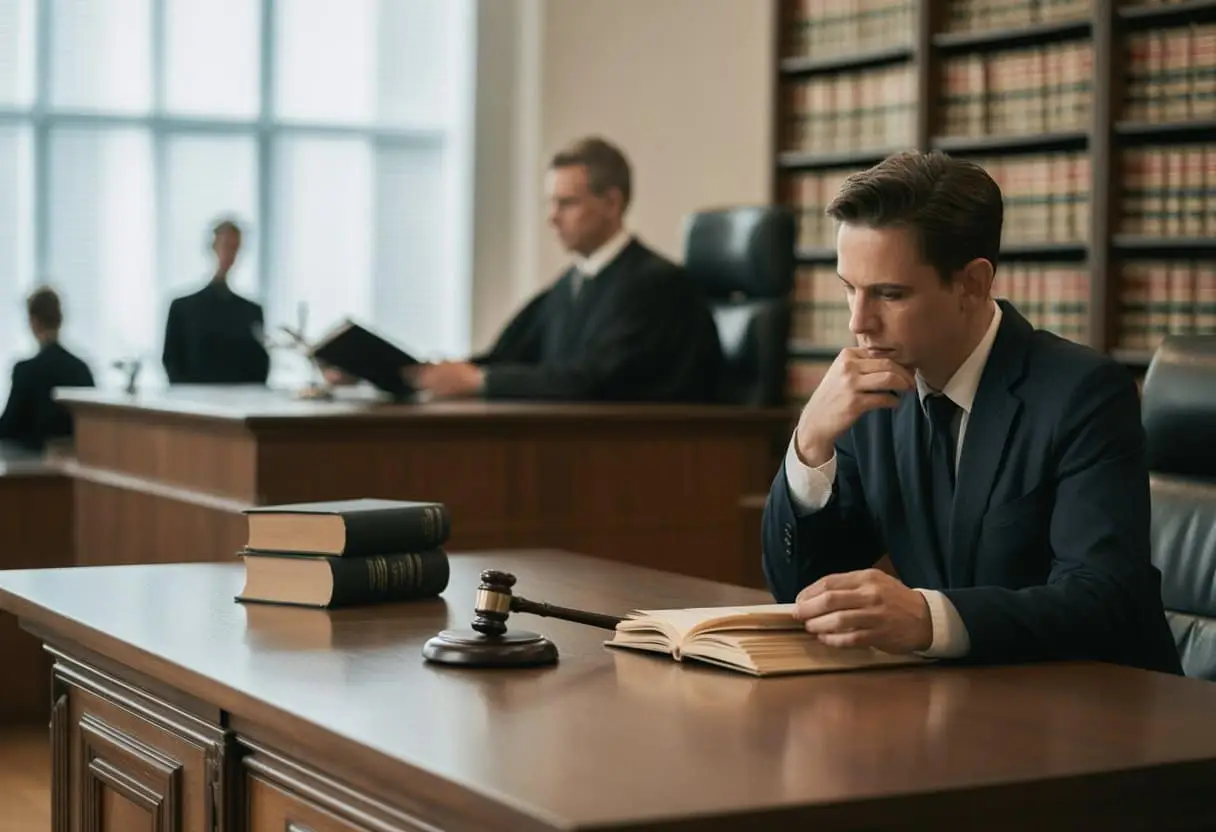 Een advocaat bekijkt documenten in een moderne rechtszaal met een hamer en juridische boeken op tafel.