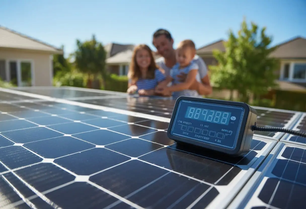 Een modern huis met zonnepanelen op het dak en een gezin dat ernaar kijkt, met een energiemeter op de voorgrond.