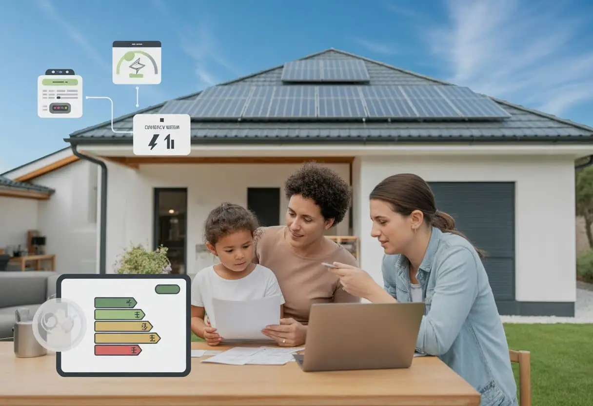 Een gezin bespreekt energiecontracten aan een keukentafel met zonnepanelen zichtbaar op het dak van hun huis.