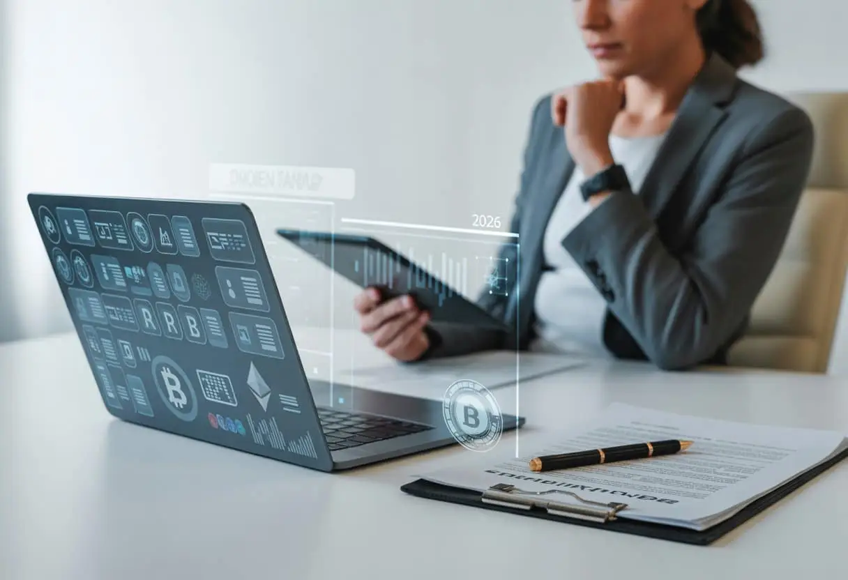 Een moderne kantooromgeving met een laptop, juridische documenten en een professional die digitale gegevens en juridische aspecten van online accounts en crypto bekijkt.
