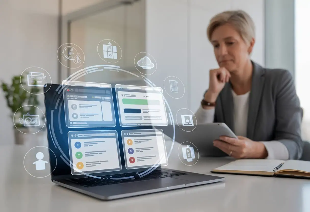 Een moderne kantooromgeving met een laptop en digitale iconen die online accounts, data en cryptocurrency voorstellen, terwijl een persoon documenten en een tablet bekijkt.