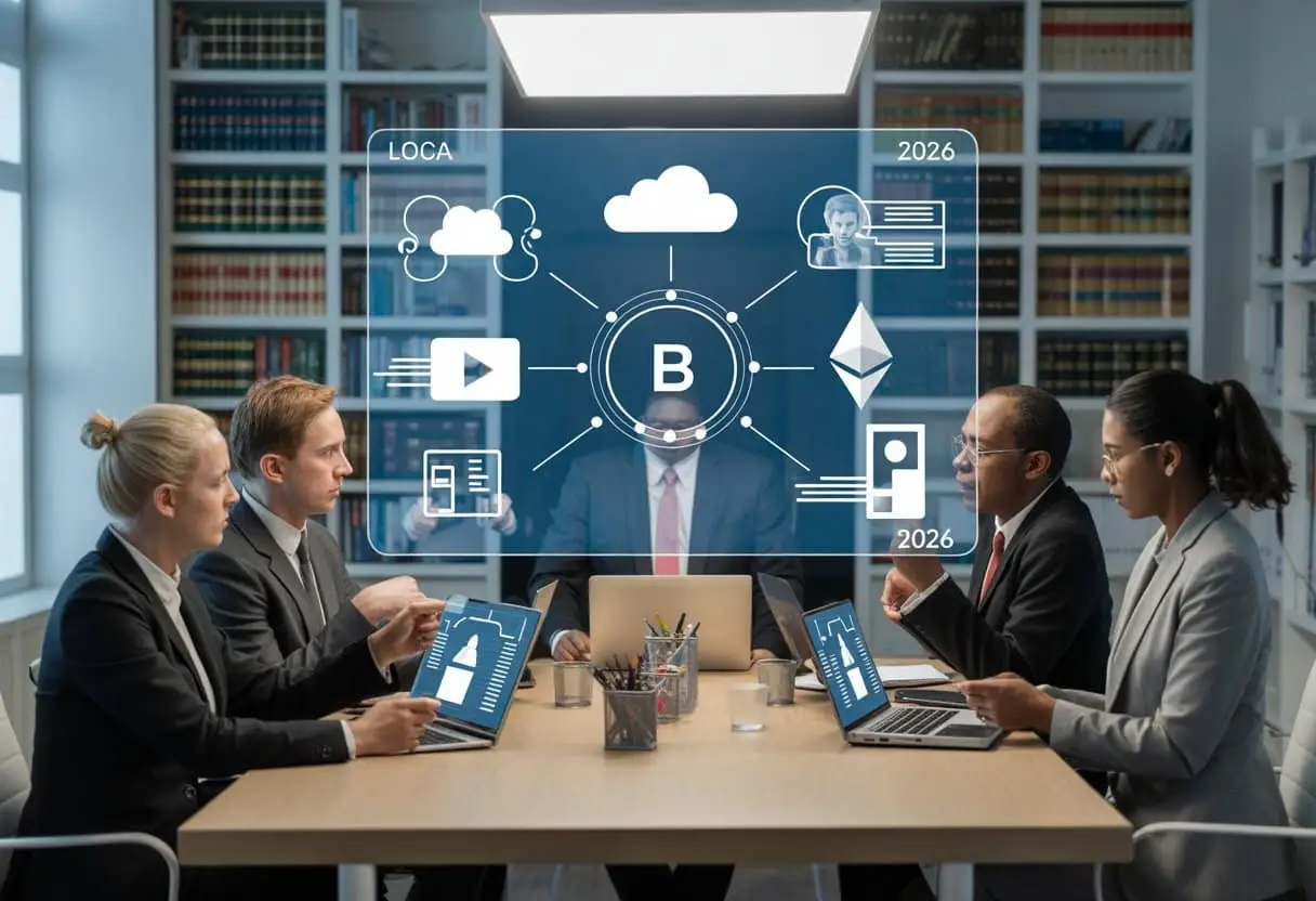 Een groep professionals bespreekt digitale nalatenschap en juridische aspecten rondom online accounts, data en cryptocurrency in een moderne kantooromgeving.