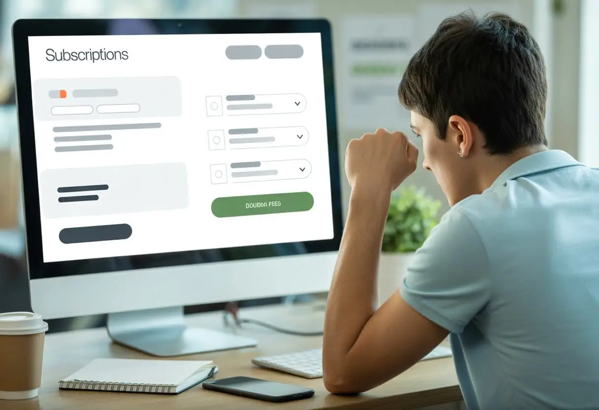 Een persoon zit aan een bureau en kijkt verward naar een computerscherm met een online abonnementswebsite vol misleidende elementen.