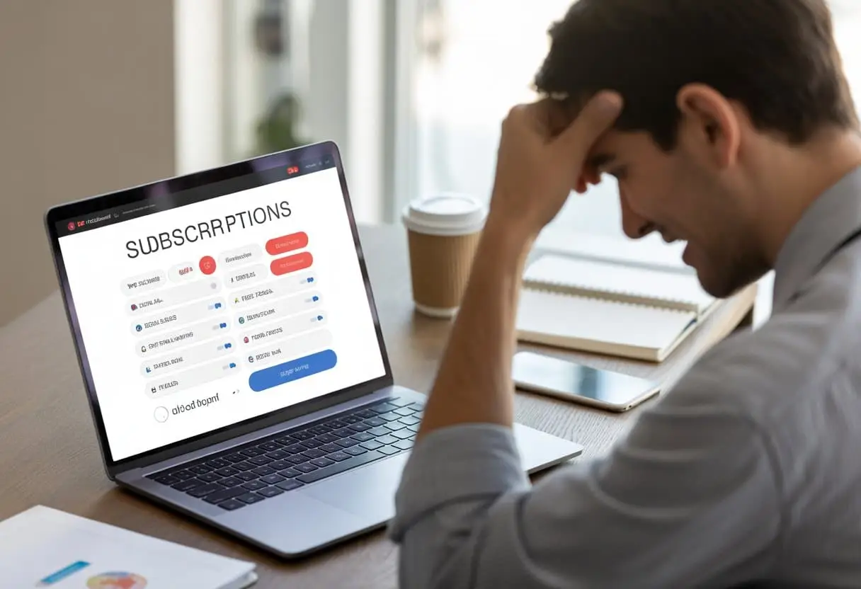 Een persoon zit aan een bureau en kijkt gefrustreerd naar een laptop met een verwarrende abonnementswebsite.