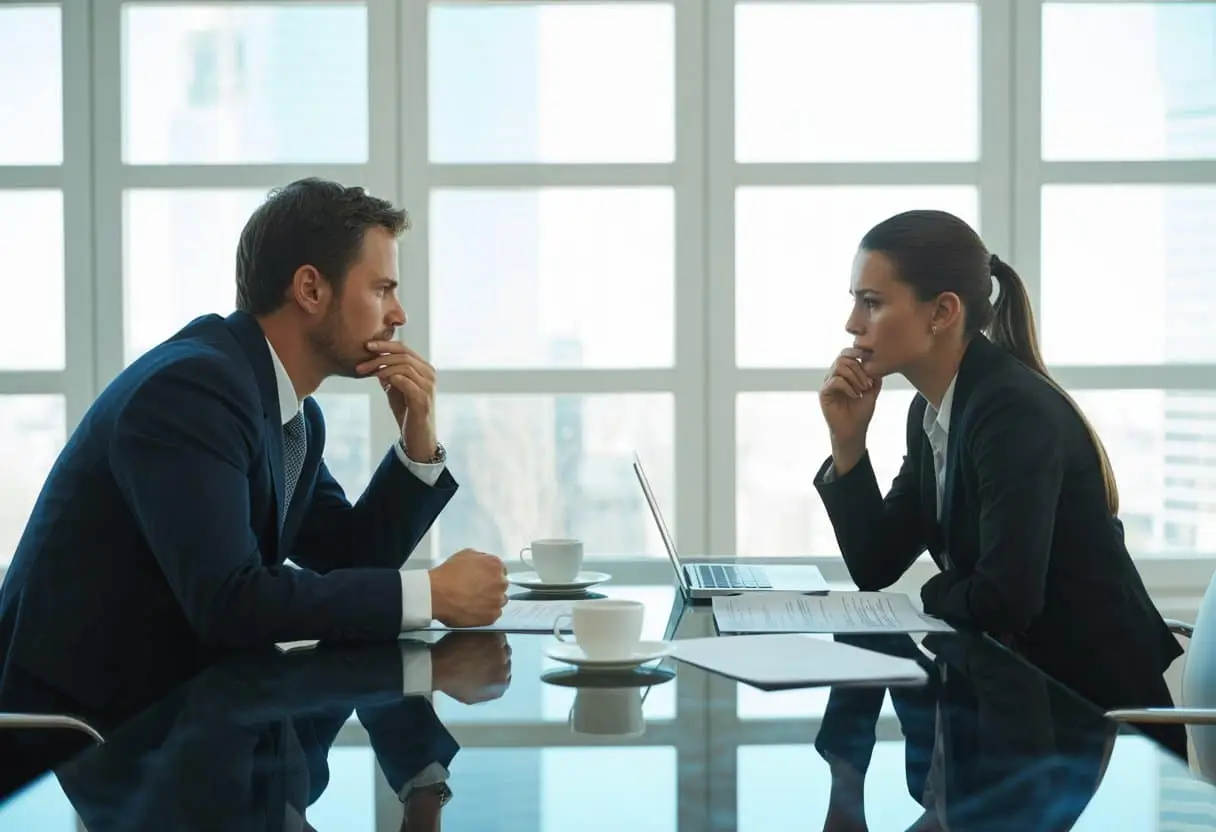 Twee zakenpartners zitten tegenover elkaar aan een tafel in een kantoor, met serieuze gezichten en documenten op tafel.