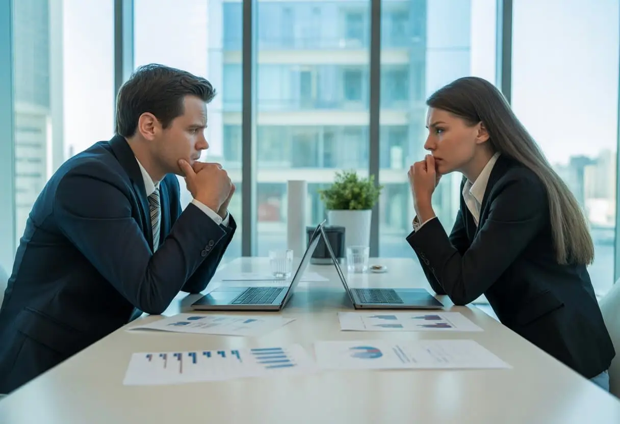 Twee zakelijke partners zitten tegenover elkaar aan een vergadertafel in een kantoor en bespreken documenten, met een serieuze en gespannen sfeer.