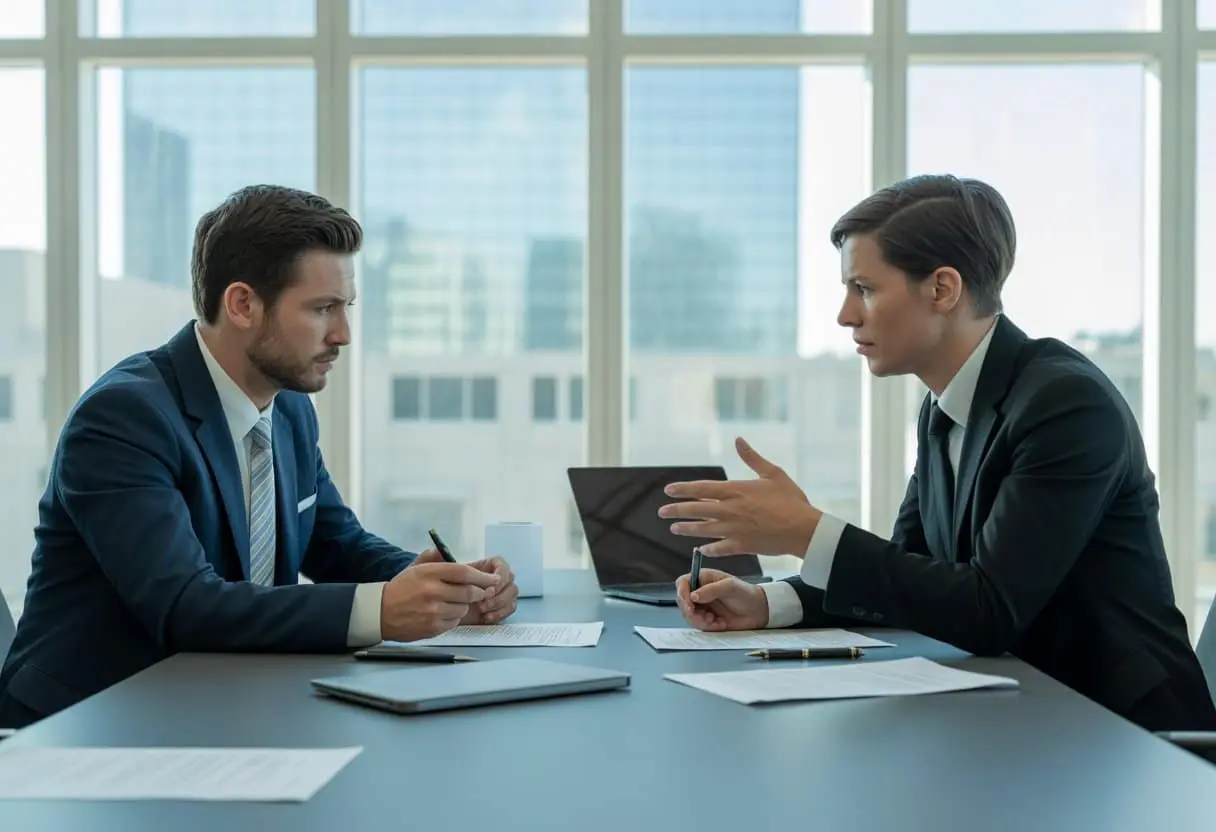 Twee zakelijke personen in een kantoor die geconcentreerd een gesprek voeren over documenten aan een tafel.