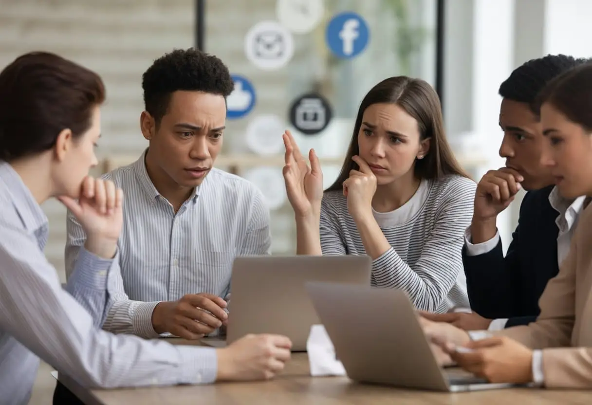 Een groep jonge volwassenen in een kantoor die serieus overleggen rond een laptop, met bezorgde en nadenkende gezichten.
