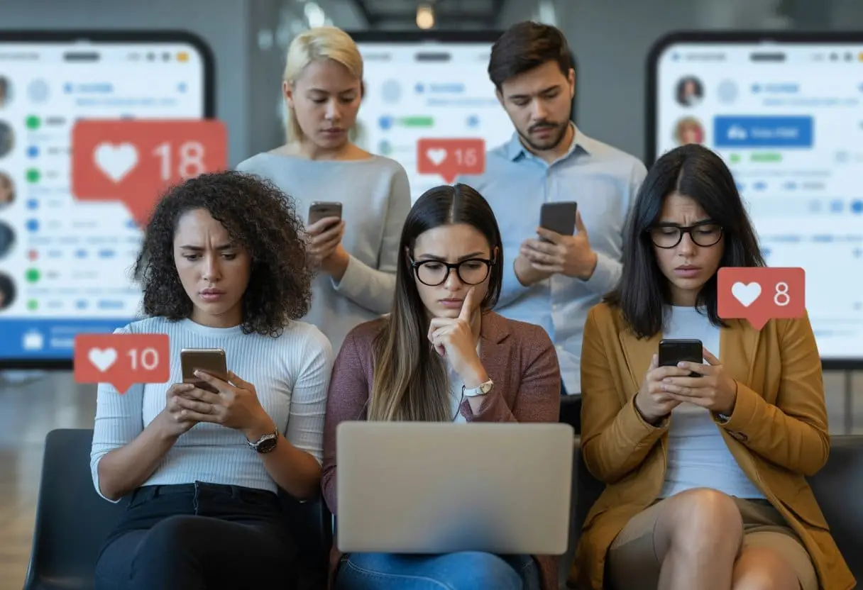 Een groep jonge volwassenen gebruikt smartphones en laptops in een kantoorruimte, met bezorgde en nadenkende gezichten, om online interacties en sociale media te symboliseren.