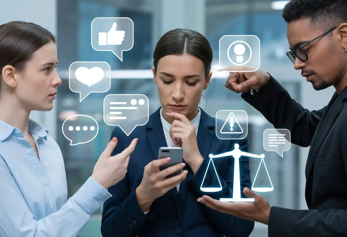 Mensen in een moderne kantooromgeving bekijken sociale media-iconen en een weegschaal die rechtvaardigheid symboliseert.