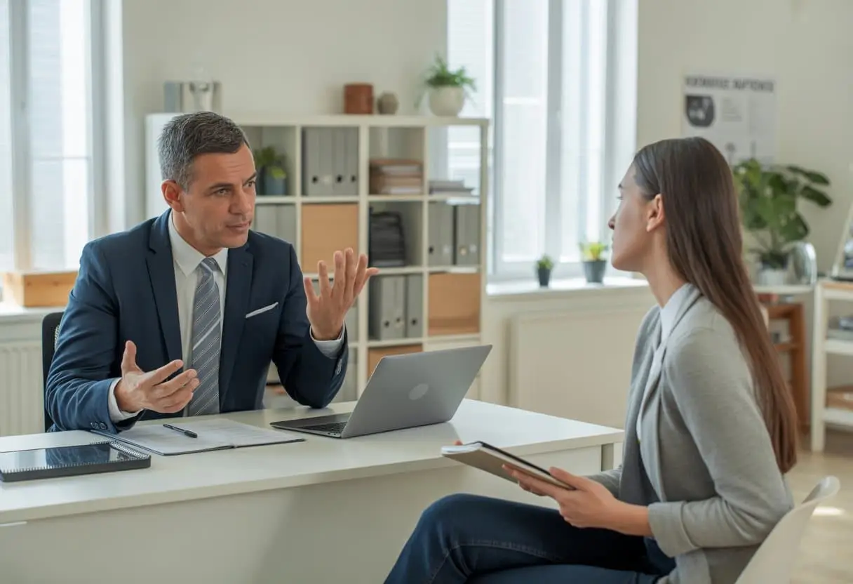 Een werkgever en werknemer voeren een serieus gesprek in een kantoor over regels rondom een bijbaan.