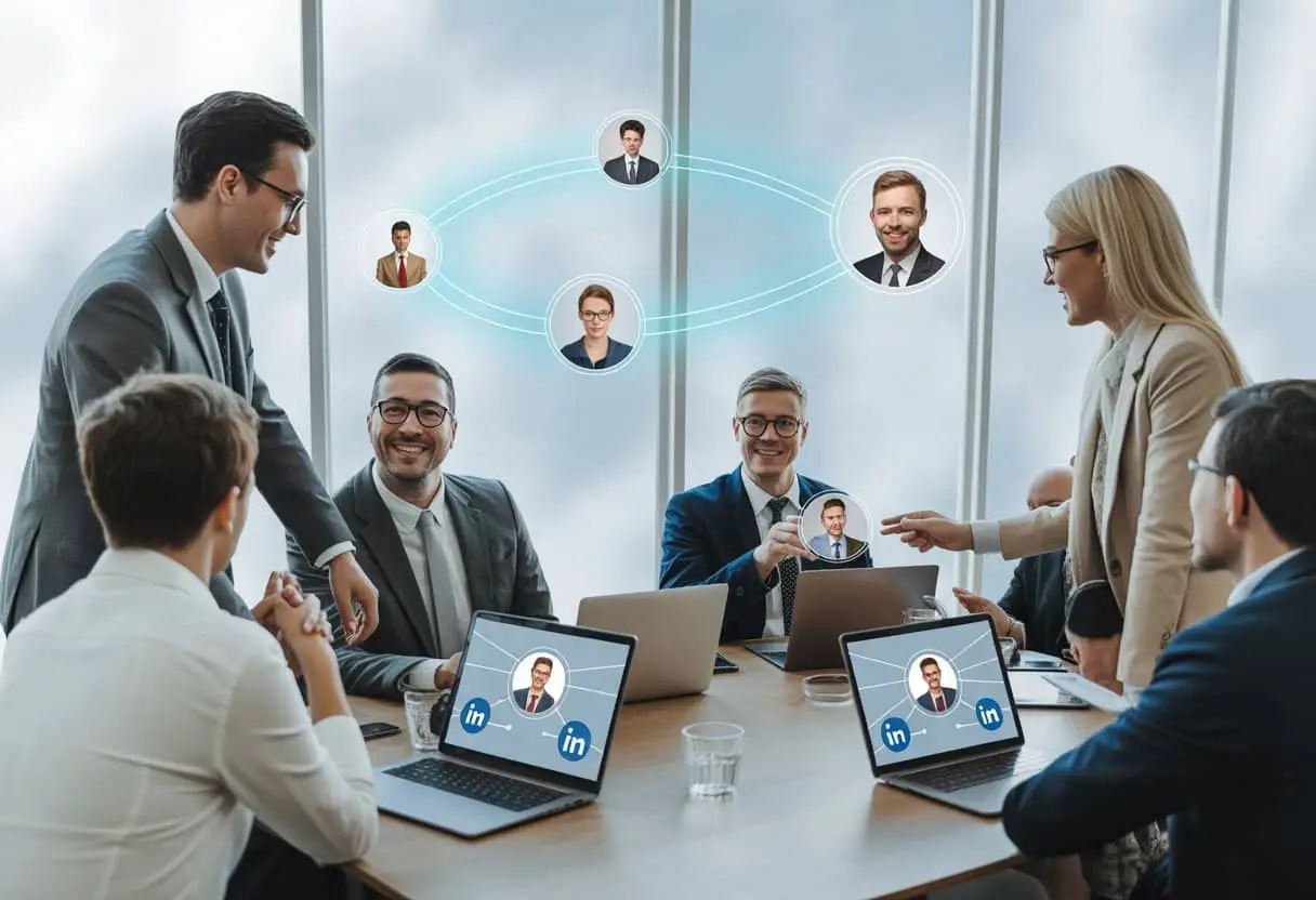 Een groep zakelijke professionals bespreekt verbindingen en netwerken in een moderne kantoorruimte.