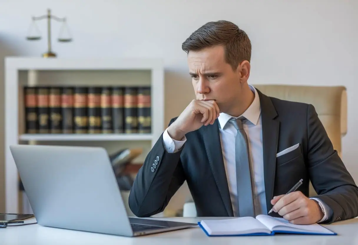 Een ondernemer zit aan een bureau en bekijkt aandachtig een laptop terwijl er juridische documenten en een weegschaal van gerechtigheid op de achtergrond staan.