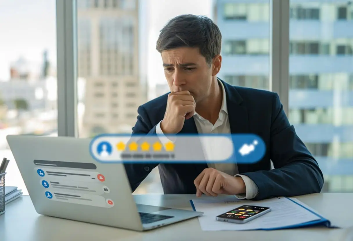 Een ondernemer zit aan een bureau en kijkt bezorgd naar een laptop met online recensies, in een modern kantoor met uitzicht op de stad.