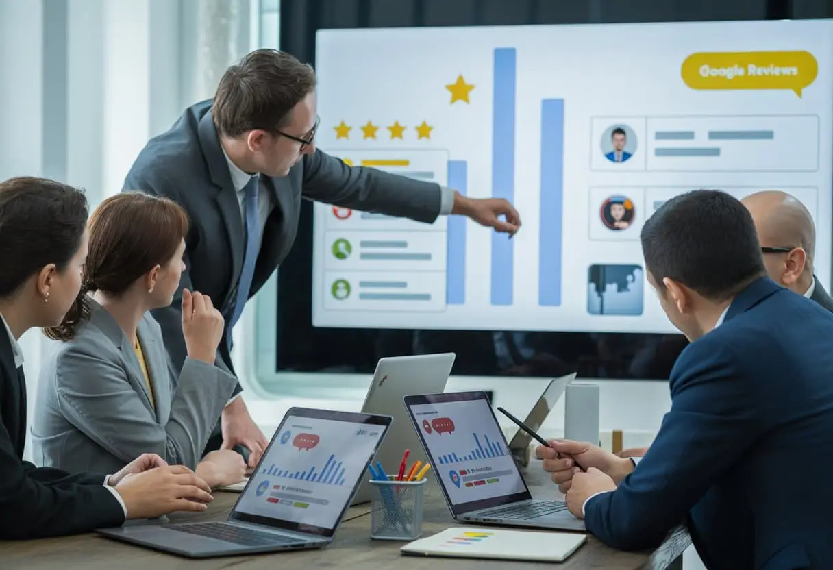 Ondernemers bespreken online recensies in een moderne kantooromgeving met laptops en een scherm waarop verschillende soorten reviews worden weergegeven.