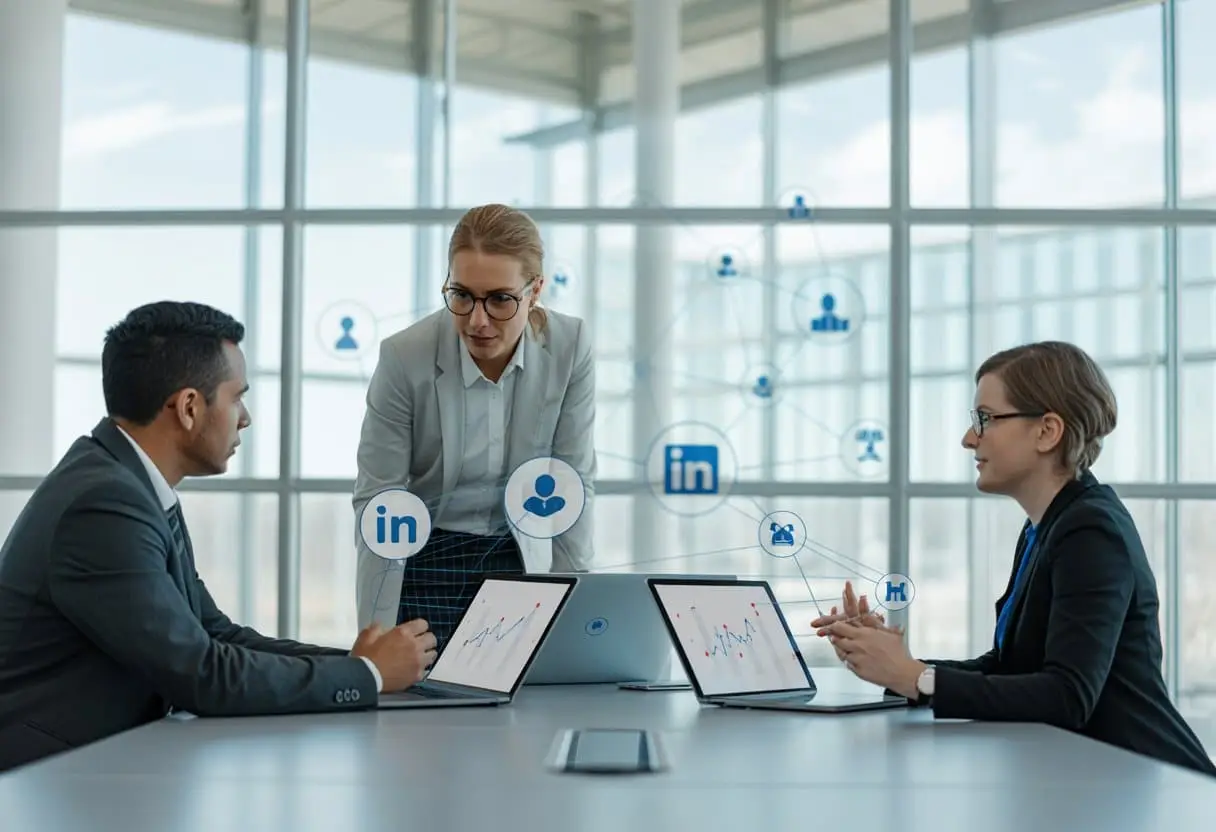 Drie zakelijke professionals praten samen aan een vergadertafel met laptops en tablets in een moderne kantooromgeving.