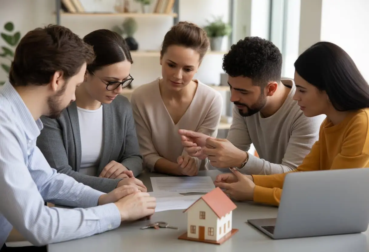 Samen een huis kopen met vriend(in) of familie: juridische valkuilen en slimme contracten 1 Een groep vrienden of familie bespreekt samen documenten aan een tafel in een huiselijke omgeving.