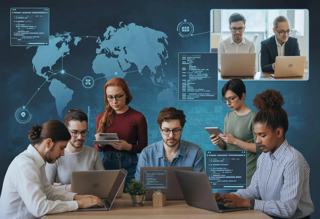 Een diverse groep freelance ontwikkelaars werkt samen op afstand vanuit verschillende landen, verbonden via laptops en videovergaderingen.