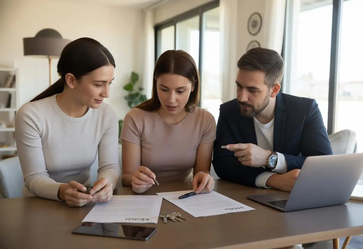 Samen een huis kopen met vriend(in) of familie: juridische valkuilen en slimme contracten 2 Drie volwassenen zitten aan een tafel en bespreken samen documenten over het kopen van een huis.