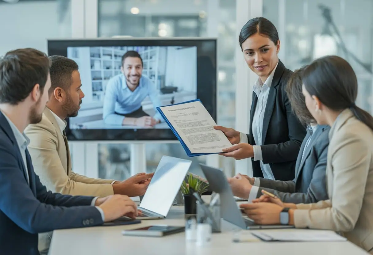 Een groep mensen in een moderne kantoorruimte bespreekt documenten terwijl een freelance ontwikkelaar via een videoverbinding meedoet.