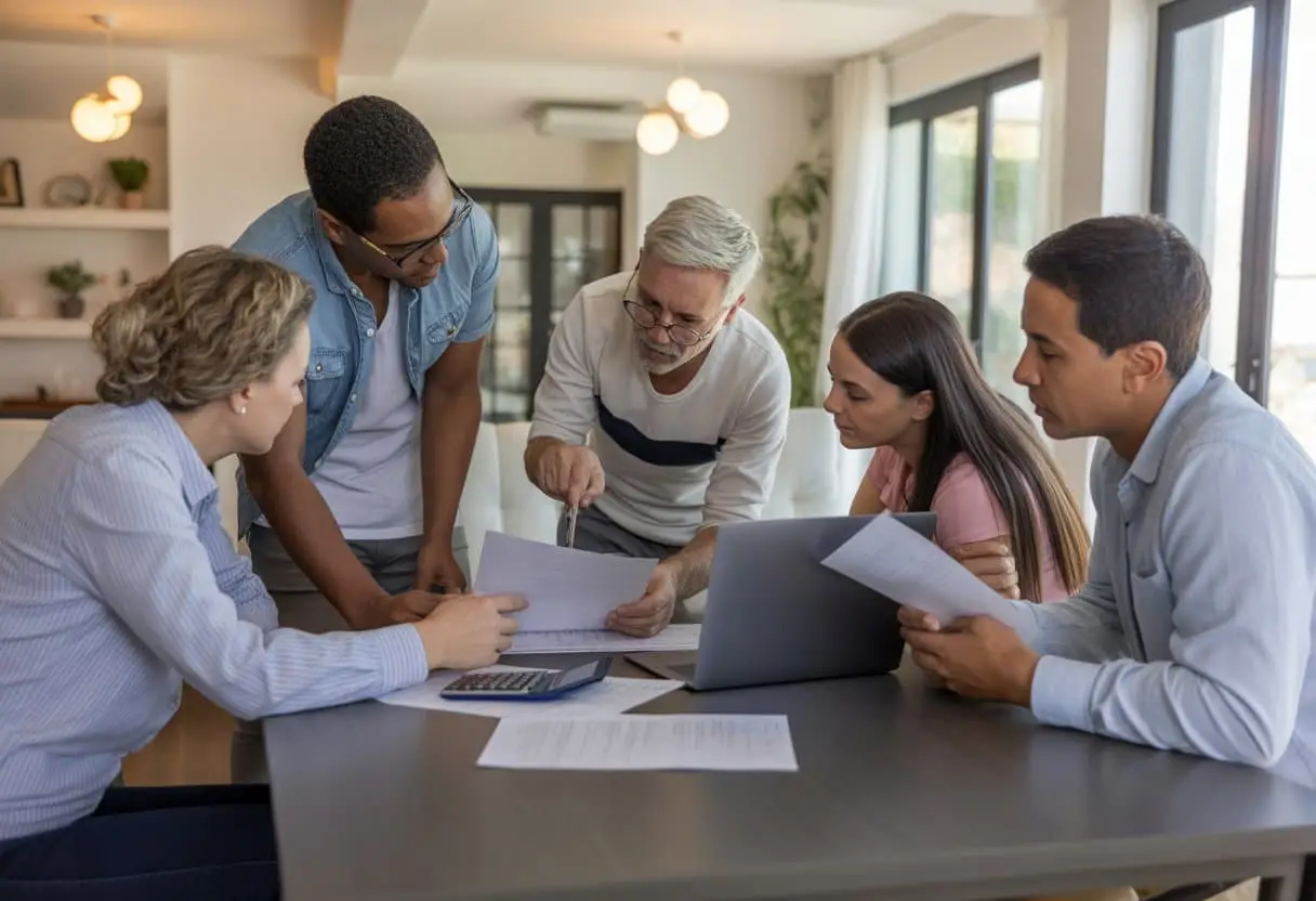 Samen een huis kopen met vriend(in) of familie: juridische valkuilen en slimme contracten 3 Een groep vrienden of familie bespreekt samen documenten aan een tafel in een lichte woonkamer.