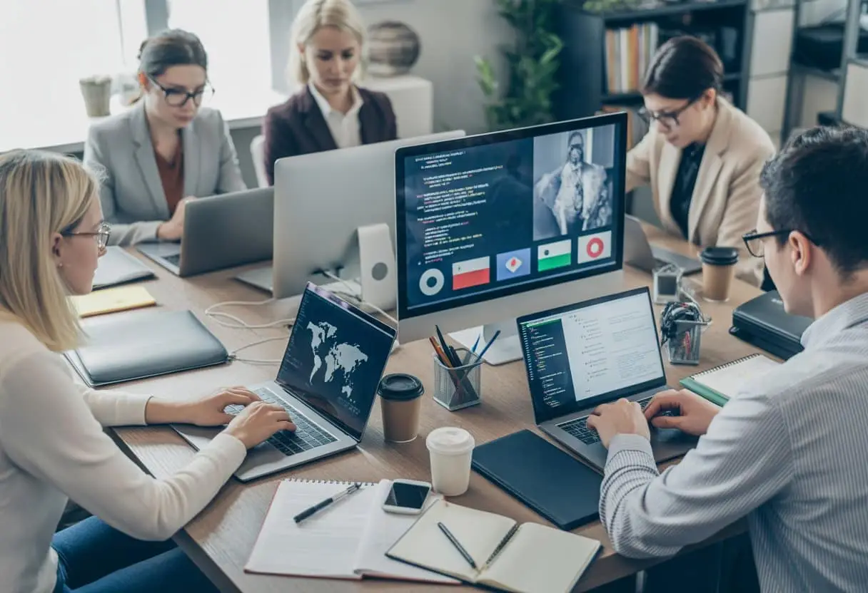 Een groep freelance ontwikkelaars werkt samen in een moderne kantooromgeving met laptops en computerschermen, waarbij internationale samenwerking en juridische documenten zichtbaar zijn.