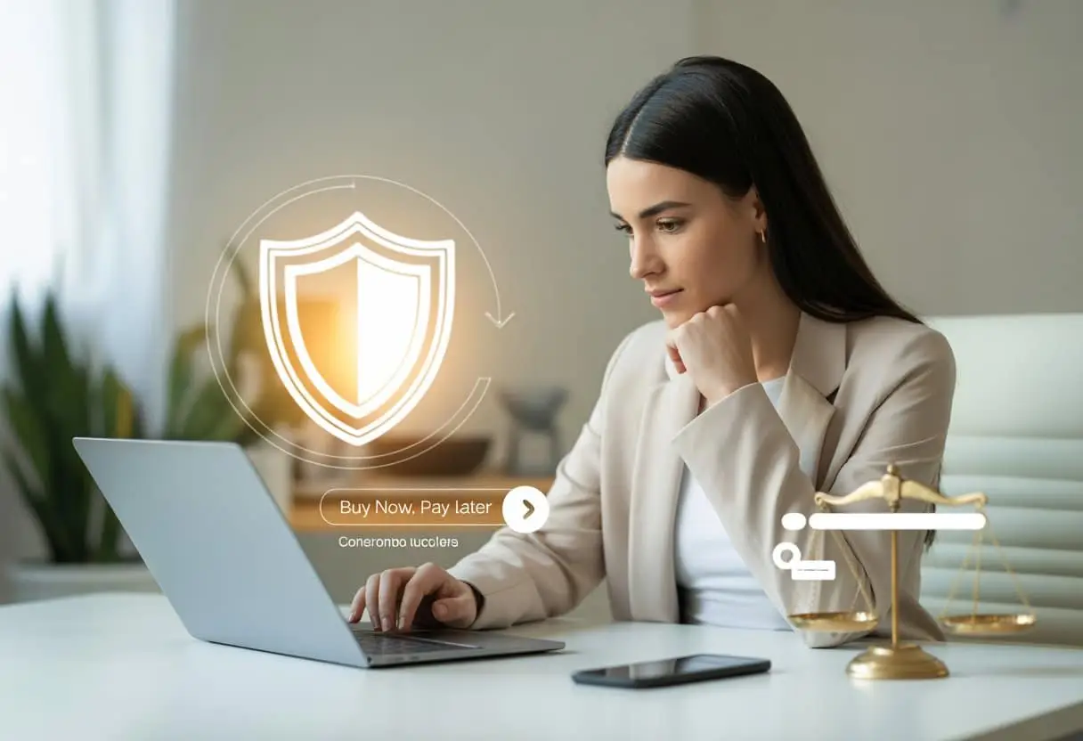 Een jonge vrouw die online winkelt aan een bureau, met symbolen voor consumentenbescherming en toezicht op de achtergrond.