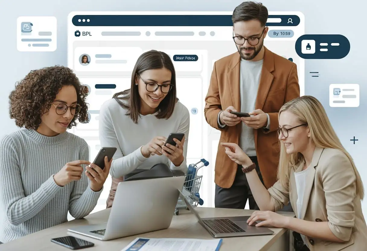 Mensen die online winkelen met laptops en smartphones, waarbij ze betalingsopties bekijken in een rustige en veilige omgeving.