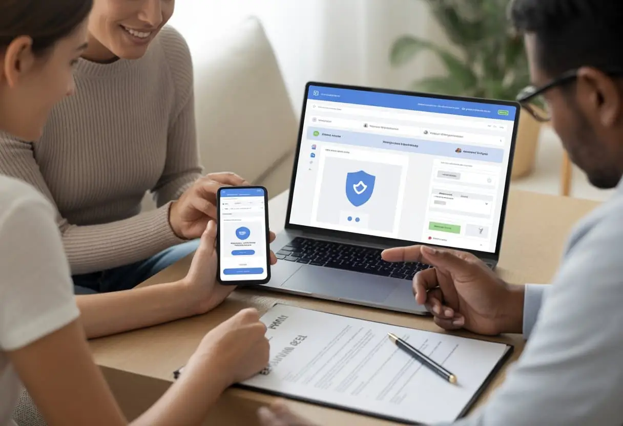 Mensen die online winkelen en betalingsopties bekijken op een laptop en smartphone in een lichte woonkamer.