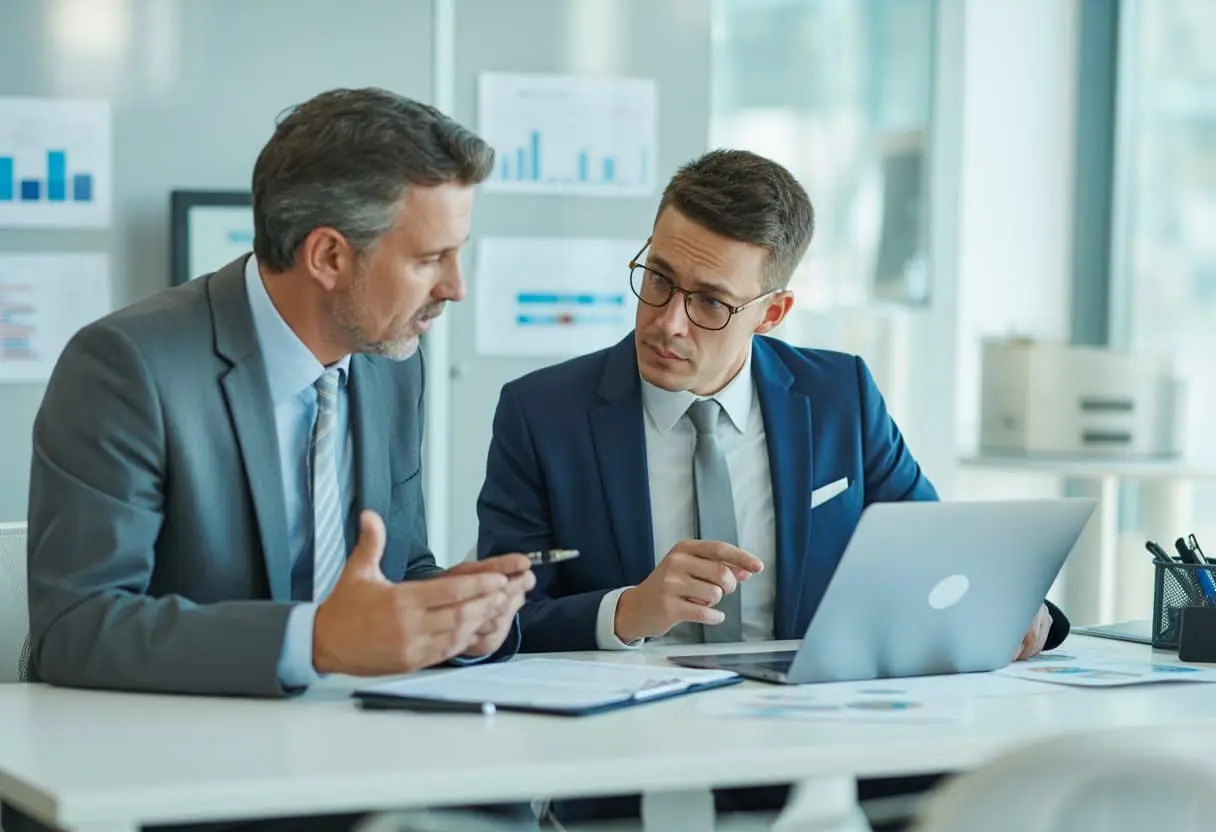 Twee zakelijke professionals in een modern kantoor die serieus over documenten en een laptop praten.