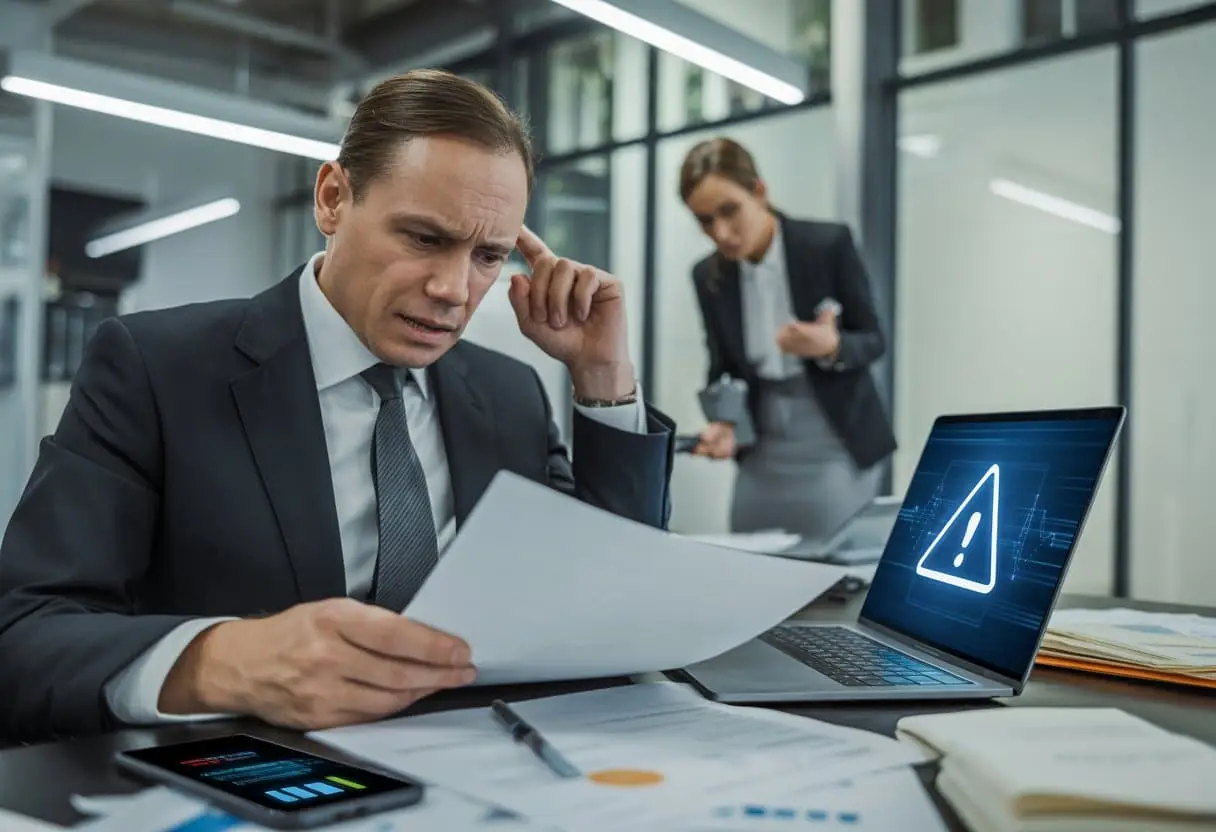 Een ondernemer in een kantoor kijkt bezorgd naar documenten en een laptop met een datalek waarschuwing, terwijl een collega op de achtergrond advies geeft.