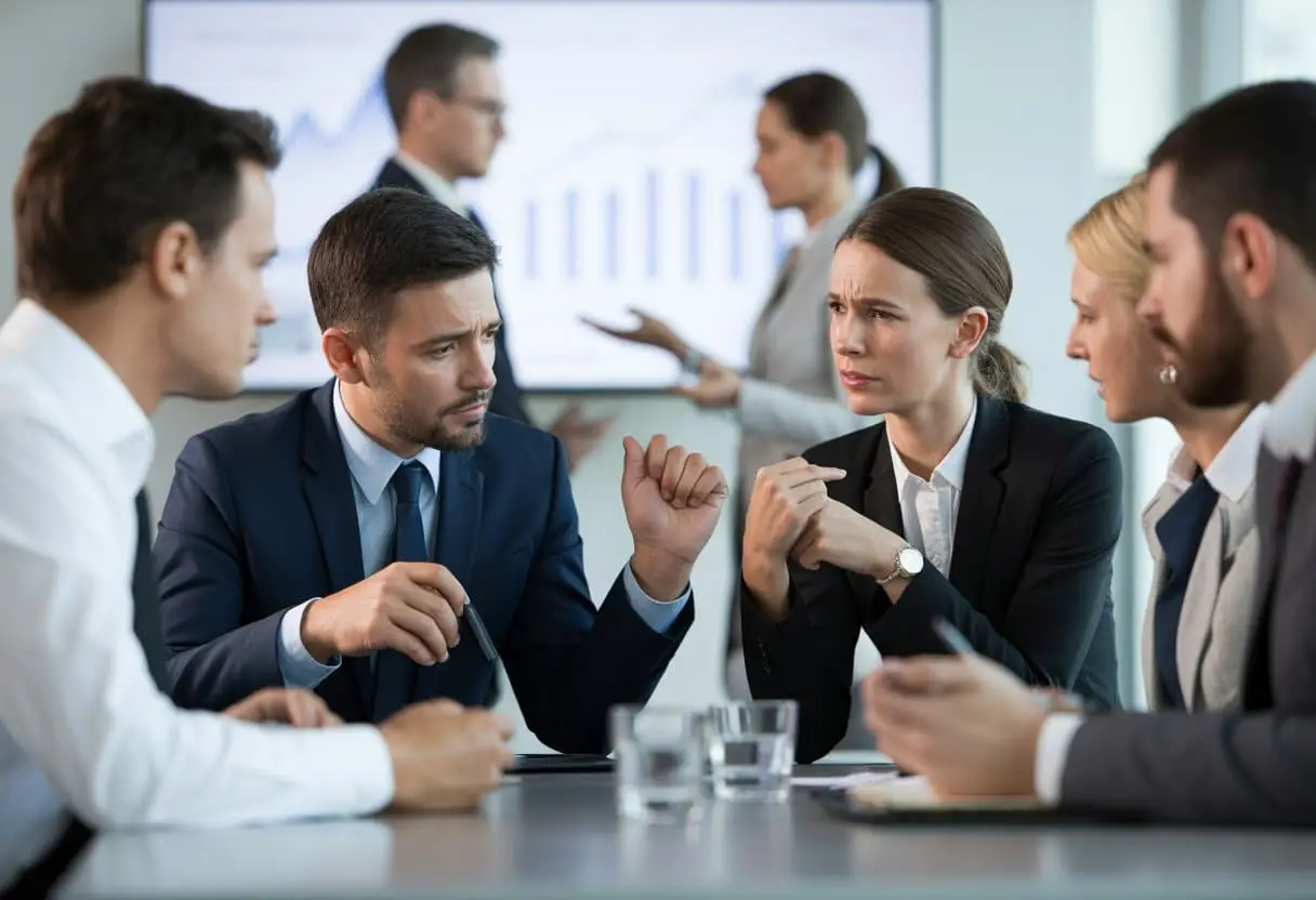 Conflicten tussen aandeelhouders in start-ups en scale-ups: van patstelling tot uitkoop 1 Een zakelijke vergadering met diverse mensen die serieus en bezorgd kijken tijdens een discussie in een modern kantoor.