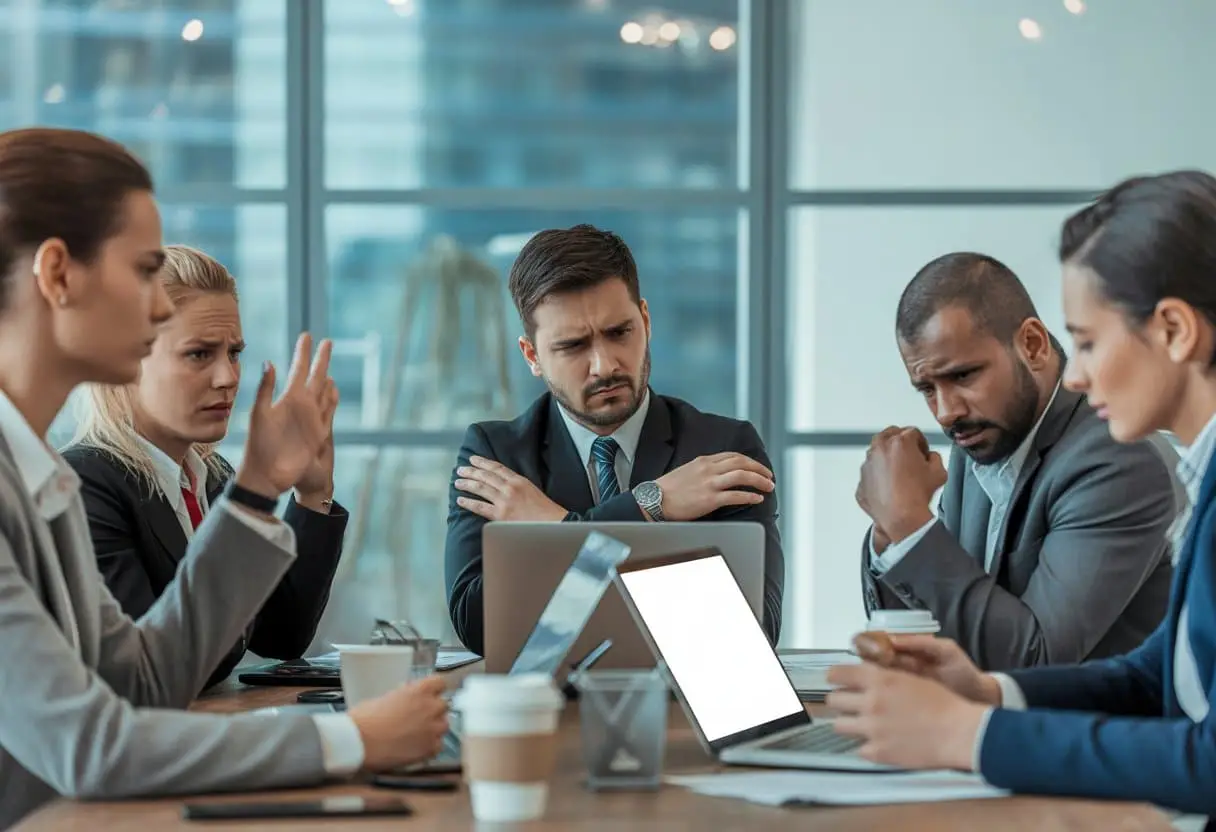 Conflicten tussen aandeelhouders in start-ups en scale-ups: van patstelling tot uitkoop 2 Een groep zakelijke professionals zit rond een vergadertafel en heeft een gespannen discussie.
