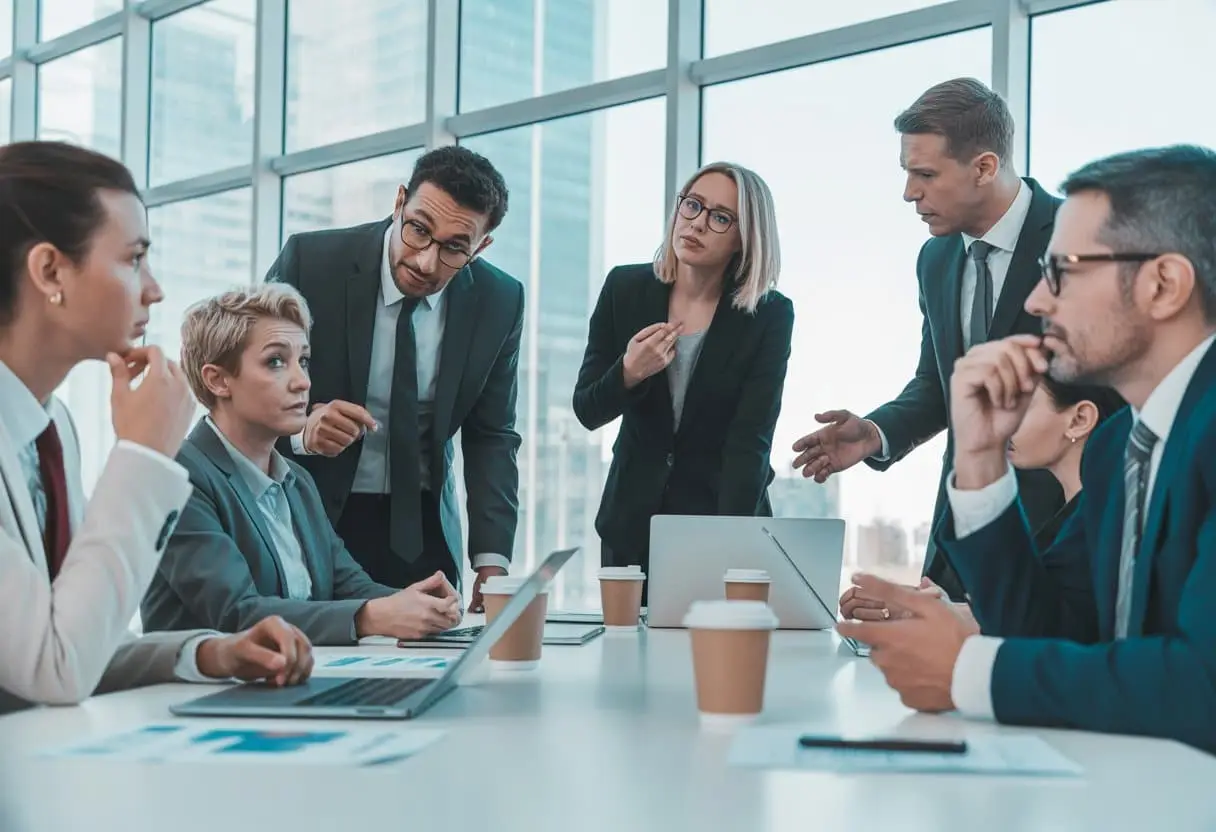 Conflicten tussen aandeelhouders in start-ups en scale-ups: van patstelling tot uitkoop 3 Een diverse groep zakenmensen bespreekt serieus rond een vergadertafel in een modern kantoor.