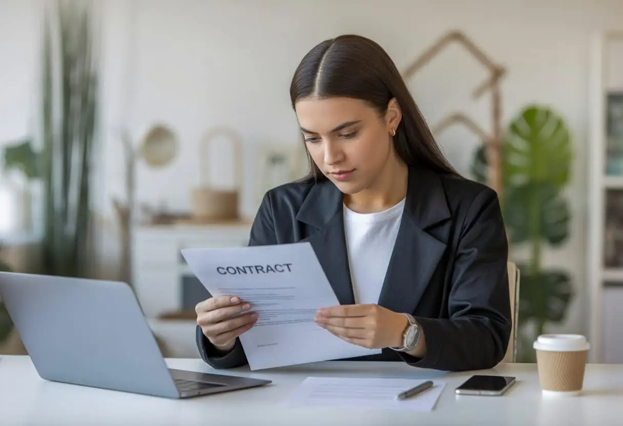 Een jonge contentmaker zit aan een bureau en bekijkt geconcentreerd een contractdocument in een lichte kantooromgeving.