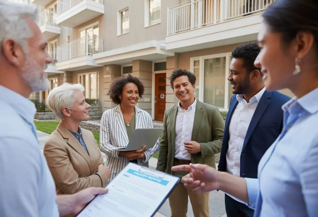 Airbnb en short-stay verhuur: wat mag wel en niet van gemeente, VvE en verhuurder? 1 Mensen praten buiten een modern appartementencomplex over woningbeheer en regels.