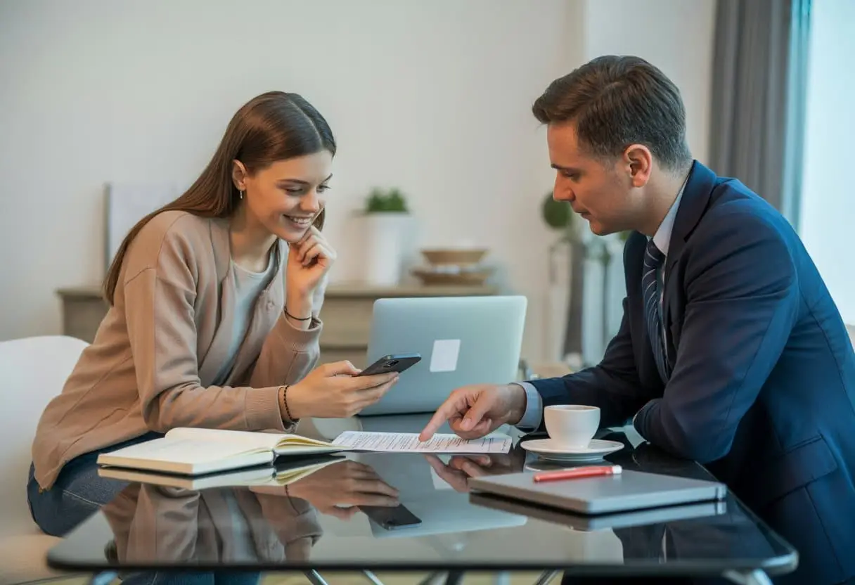 Een jonge influencer en een juridisch adviseur zitten aan een tafel en bespreken een contract in een moderne kantoorruimte.