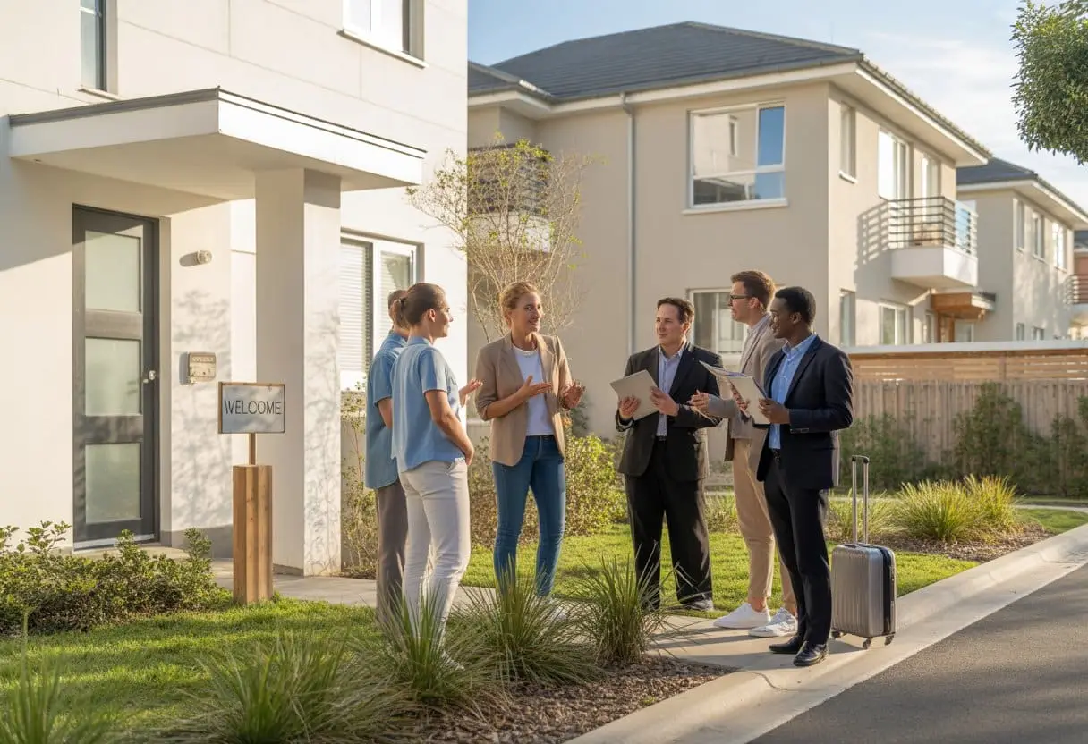 Airbnb en short-stay verhuur: wat mag wel en niet van gemeente, VvE en verhuurder? 2 Een groep mensen praat buiten bij een modern appartementencomplex in een woonwijk, met documenten in de hand en een kleine reistas naast hen.