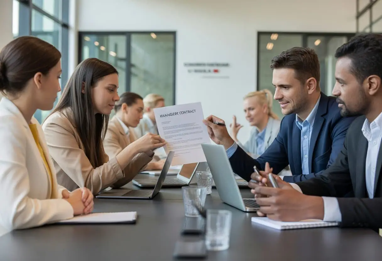 Een jonge influencer en een manager bespreken samen een contract aan een vergadertafel in een moderne kantoorruimte.